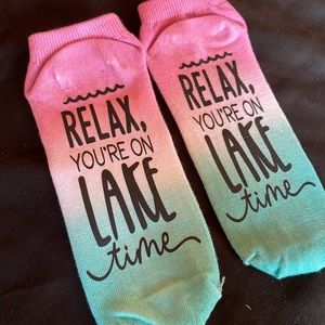 Cute pink and teal tie-dye socks with lake decal